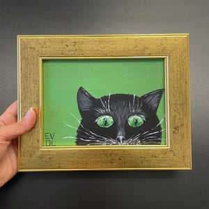 Peinture originale de chat noir, portrait de chat, art de chat fantaisiste Peinture de chaton, art de mini chat, art de chambre d'enfants, petit art encadré art étroit