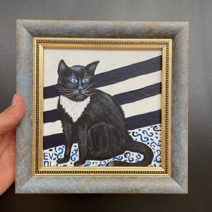 Peinture originale de chat noir Mini chat Art mural félin Portrait de chat encadré Chaton mignon Petit art encadré Kitty peinture Oeuvre d'art chat noir
