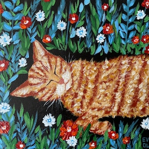 Peinture originale de chat roux chat calicot brun tigré Kitty Art chat endormi fleurs sauvages oeuvre mignon félin décoration murale chat cadeau pour les amoureux