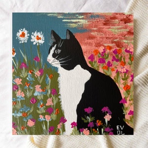Peinture originale de chat noir Oeuvre de chat noir Peinture de chaton, peinture de chat drôle, peinture d'art mural félin, art de chaton mignon, oeuvre de champ de fleurs sauvages