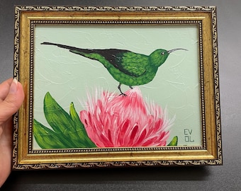 Original hummingbird painting Colibri artwork Songbird painting Protea flower art Bird lover gift Vibrant bird Small framed art Gold frame