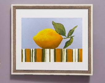 Lemon Painting, Abstract Painting, Fruit Original art, small painting, Colorful painting, strip painting, Kitchen painting, 7x5"