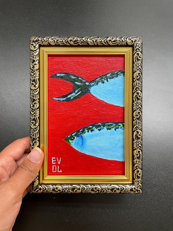 Original Food painting Fish artwork Coastal Kitchen wall art Fish mini painting Gold frame Sardines wall art Seafood painting Sardines art
