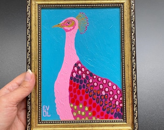 Original peacock painting Colorful peacock art Small framed art Abstract peacock Gold frame Mini shelf decor Peacock lover Powder room decor