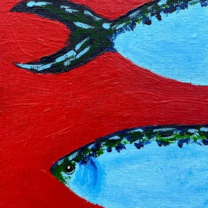 May include: A vibrant painting of two fish against a red background. The fish are light blue with dark green and black details. The painting has a textured appearance, with the initials "EV DL" in white in the lower left corner.