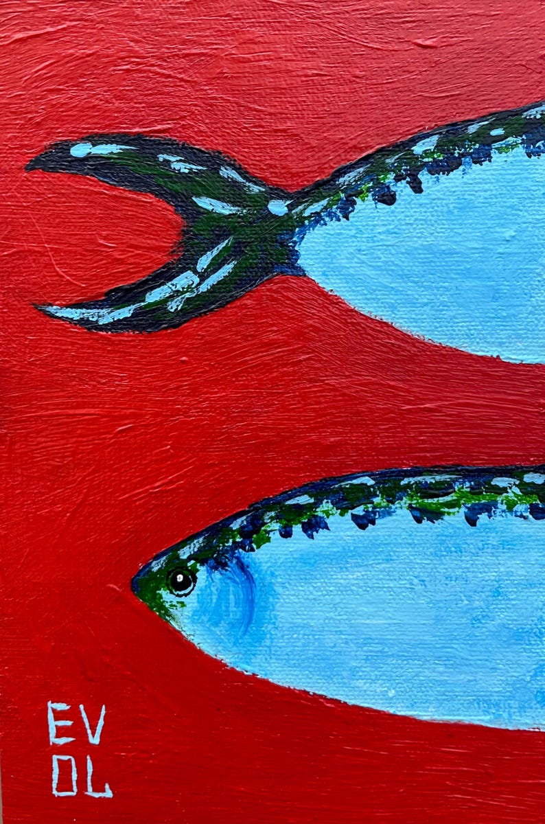May include: A vibrant painting of two fish against a red background. The fish are light blue with dark green and black details. The painting has a textured appearance, with the initials "EV DL" in white in the lower left corner.