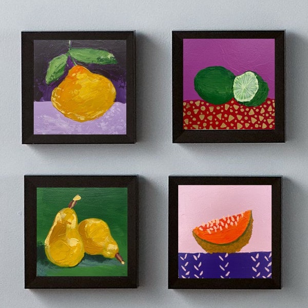 Set of 4 fruits Original Painting, Pear orange lime melon, Small mini painting, Impasto art, Colorful painting, Kitchen wall décor, 4x4''