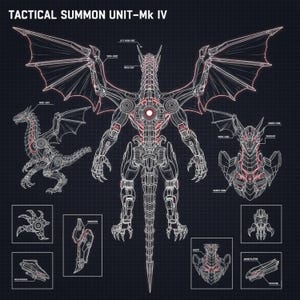 Può includere: Diagramma tecnico di un drago meccanico, etichettato come "TACTICAL SUMMON UNIT-Mk IV". Il diagramma presenta una vista completa del corpo, una vista laterale e illustrazioni dettagliate dei componenti. Il drago è raffigurato in stile blueprint con linee rosse e bianche su uno sfondo a griglia blu scuro.