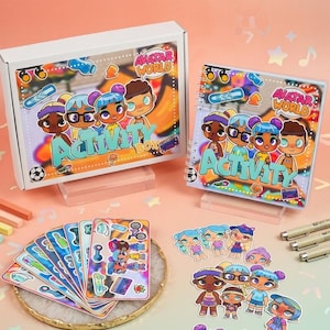 May include: An "Avatar World Activity Box" and spiral-bound notebook with cartoon characters. The box and notebook feature the word "Activity" in large, colorful letters. Also included are stickers, cards, and art supplies, all with a similar theme. The background is a gradient of pink and yellow.