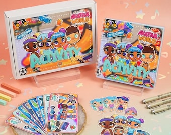 May include: An "Avatar World Activity Box" and spiral-bound notebook with cartoon characters. The box and notebook feature the word "Activity" in large, colorful letters. Also included are stickers, cards, and art supplies, all with a similar theme. The background is a gradient of pink and yellow.