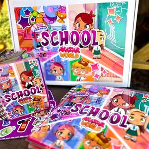 May include: A white box and notebooks featuring the text "SCHOOL AVATAR WORLD" with cartoon illustrations of students and school-related items. The box and notebooks have a colorful design with pink, purple, and blue accents.