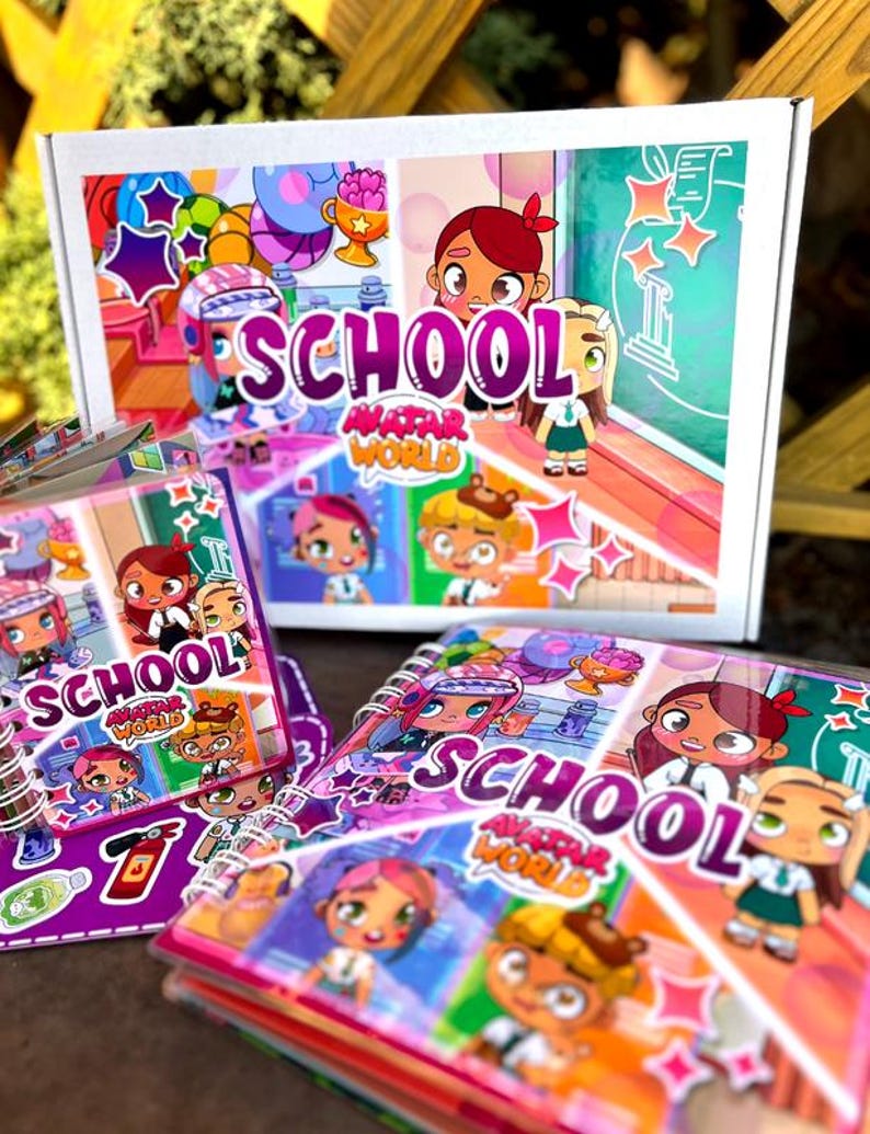 May include: A white box and notebooks featuring the text "SCHOOL AVATAR WORLD" with cartoon illustrations of students and school-related items. The box and notebooks have a colorful design with pink, purple, and blue accents.