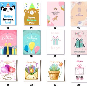 May include: A collection of colorful greeting cards with various designs. Some cards feature cartoon animals like a panda and a bear. Other cards have gift boxes, balloons, and floral elements. Text includes birthday and Valentine's Day greetings.