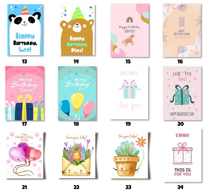 May include: A collection of colorful greeting cards with various designs. Some cards feature cartoon animals like a panda and a bear. Other cards have gift boxes, balloons, and floral elements. Text includes birthday and Valentine's Day greetings.