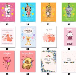 May include: A collection of colorful greeting cards with various designs. The cards feature illustrations of animals, cupcakes, and balloons. Text includes birthday wishes and messages of love. The cards are numbered 25-36.