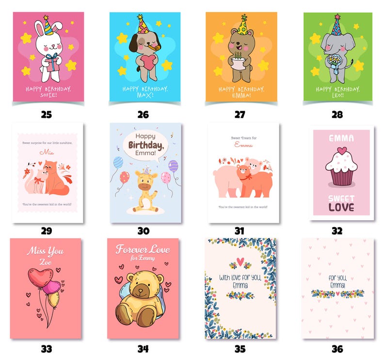 May include: A collection of colorful greeting cards with various designs. The cards feature illustrations of animals, cupcakes, and balloons. Text includes birthday wishes and messages of love. The cards are numbered 25-36.