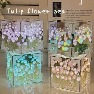 May include: Four clear, cube-shaped decorative boxes with illuminated tulip flower arrangements in various colours. The text "Tulip flower sea" is visible on the top left.