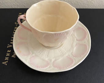 Belleek pink seashell  teacup and saucer set