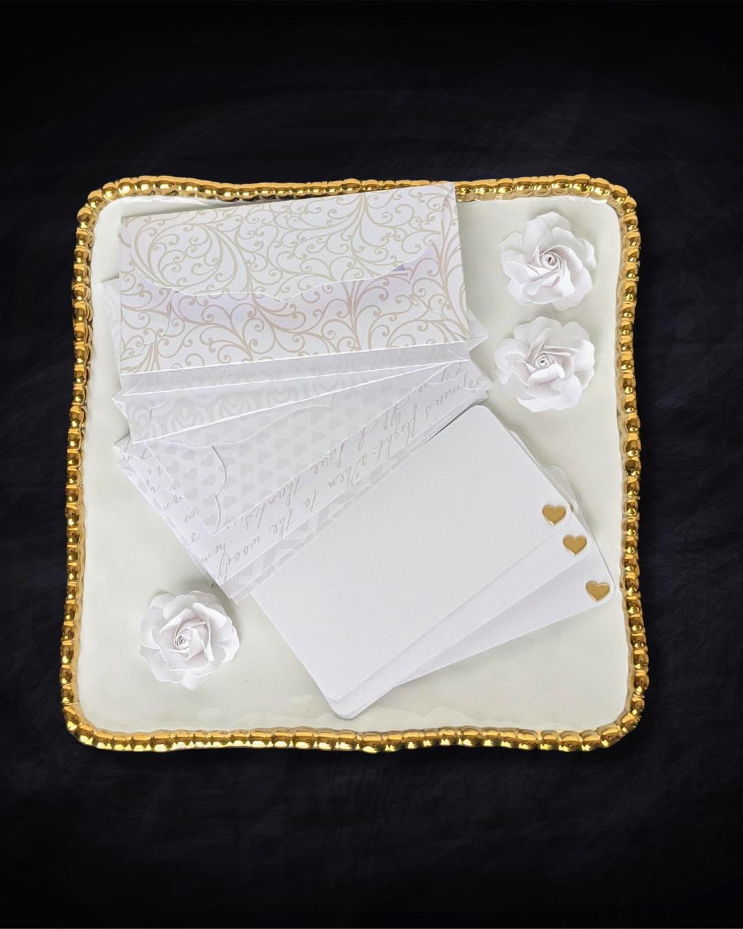 Elegant White Scalloped Envelope & Note Card Set of 8 + Black Velvet ...