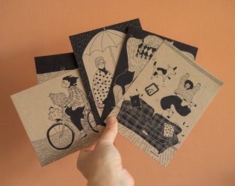 Set of five illustrated cards