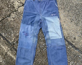 Vintage 1940s-50s European Work Pants, Indigo Cotton Boro Trousers