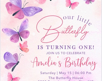 Pink Butterfly Birthday Invite Template 1st Birthday Invite Floral Butterfly Birthday Invitation Pink Purple Butterfly Party 1st Birthday