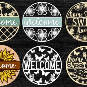 Cartello di benvenuto con taglio laser, set di cartelli di benvenuto in formato SVG, file di taglio laser per appendino per porta in legno rotondo in formato SVG, nome della famiglia Glowforge