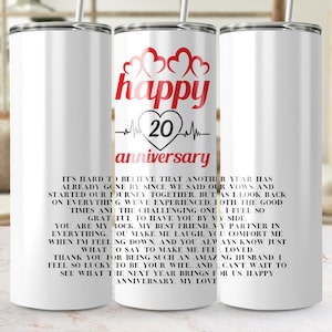 Archivo digital de envoltura para vaso delgado de 20 oz con el mensaje "Feliz aniversario", diseño de sublimación para vaso de 20.° aniversario, descarga de envoltura para vaso PNG