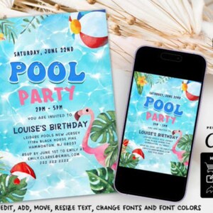 Pool Birthday Invitation Template Canva Pool Party Editable Invite Summer Birthday Party Evite Invitation Pool Party Invite Digital Invite