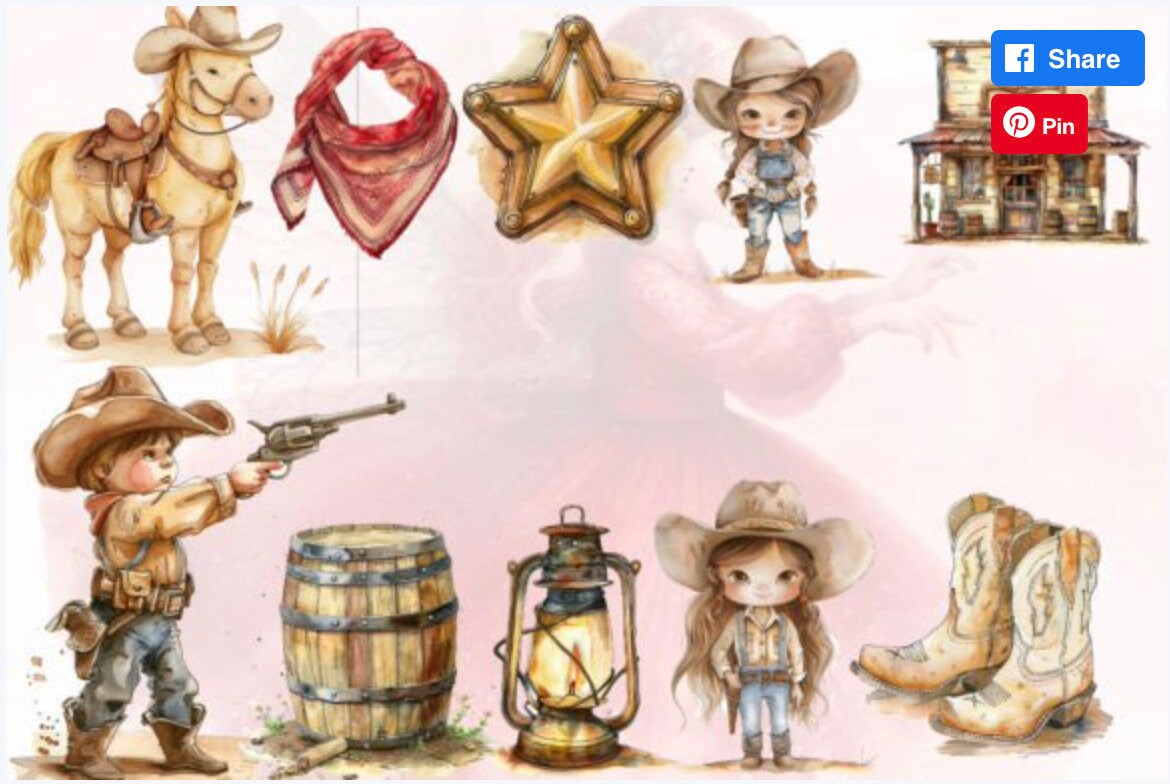 Watercolor Cowboy Clipart PNG Bundle Watercolor Little Cowboy Clipart ...