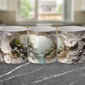 Schilderachtige waterval bloemen 3D koffiemok wrap, op de natuur geïnspireerd mokontwerp van 11 en 15 oz, afdrukbaar digitaal PNG-bestand