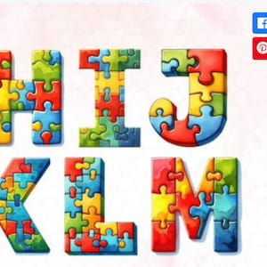 Alfabeto de concienciación sobre el autismo, clipart PNG, alfabeto de autismo en acuarela, letras de rompecabezas, elementos numéricos, cinta de gnomo, sublimación, fuente de rompecabezas PNG