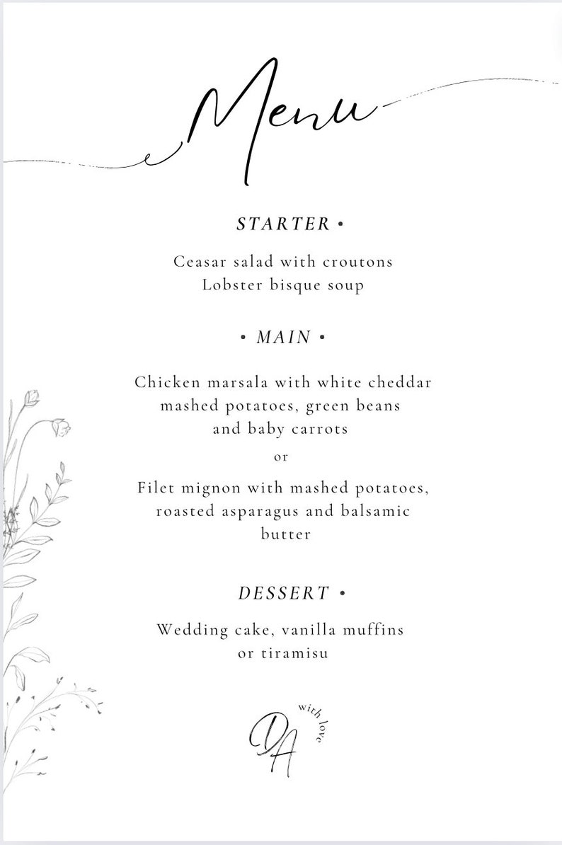 EDITABLE Wedding Menu Template Elegant Minimal Wedding Menu Template