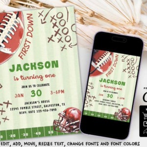 Football First Birthday Invite Template Football Birthday Invitation First Year Down,Game On Football Invite Editable First birthday Invite