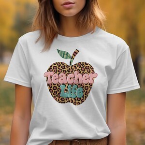 Leopard Print Teacher Life T-Shirt, Funny Apple Shaped Teacher Shirt, Cute Teacher Graphic Tee, Fun Teacher Appreciation Gift