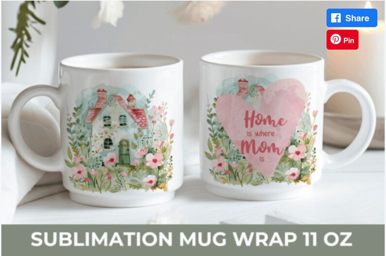 Mothers Day Mug Home is Where Mom is Happy Mother's Day with Flowers, Mother's day gift 11oz Mug Design Sublimation Wrap Template zdjęcie 1