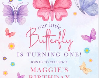 Butterfly 1st Birthday Invitation Template, Floral Theme (Canva Template)