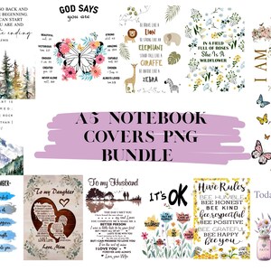 May include: A collection of digital art prints featuring inspirational quotes, floral designs, and animal illustrations. The prints include text such as "God Says You Are", "Hive Rules", and "A5 Notebook Covers PNG Bundle". The color palette includes blues, pinks, and greens.