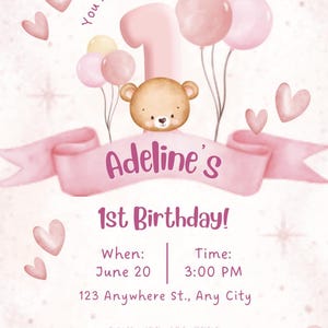 Faire-part d'anniversaire numérique modifiable Canva pour le 1er anniversaire d'un ours sur le thème de l'ours, impression numérique 2e anniversaire, 3e anniversaire de bébé
