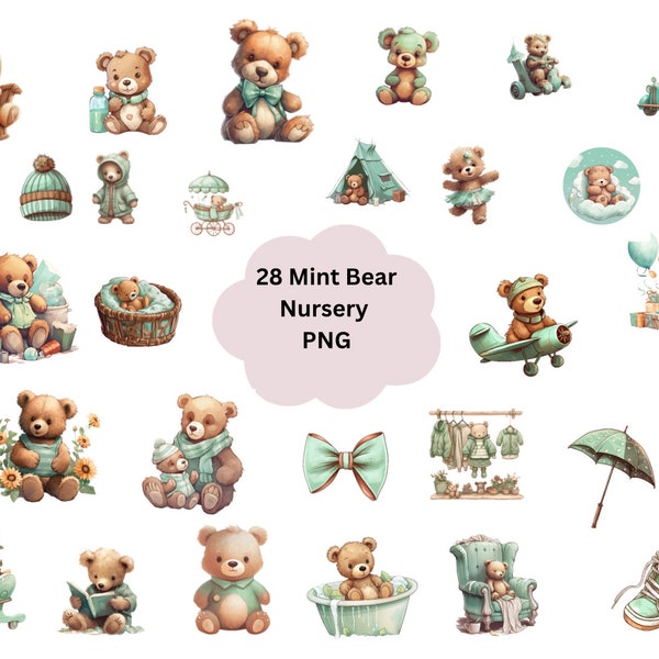 Mint Bär Kinderzimmer Sublimation Clipart Aquarell Mint Grün Teddybär ClipArt für einen Jungen für ein Mädchen kommerzielle Nutzung Blaue Luftballons Babyparty