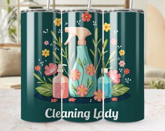 Cleaning Lady Tumbler Wrap, Digital Tumbler Wrap 20oz, Straight and Tapered Skinny Tumbler Wrap, Flower Spray Bottle Art, PNG File