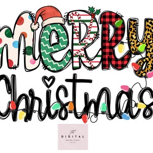 Merry Christmas Lights Doodle Lettered Merry Christmas Png Retro Christmas Png Trendy Santa Png Merry and Bright Png Christmas Doodle Dots