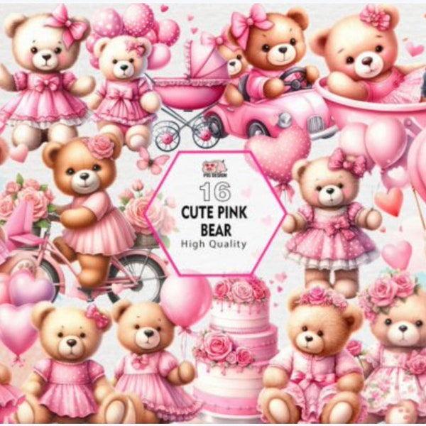 Cute Pink Bear Sublimation Clipart png PINK TEDDY BEAR Baby shower for a girl Nursery Decor watercolor clip arts png Pink Teddy Bear Nursery