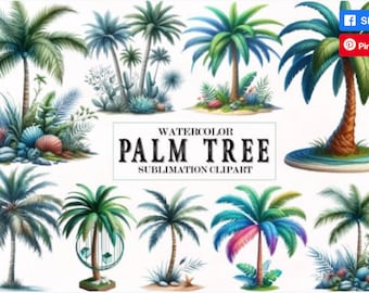 Watercolor Palm Tree Sublimation Clipart Palm tree png tropical island palms Palm on beach Palm Tree PNG Clipart Bundle Tropical PNG