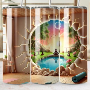Yoga zonsondergang retraite rechte en taps toelopende beker wrap png, zen-meditatie digitale kunst, rustige buitenscène downloaden