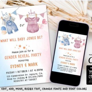 Baby Gender Reveal Party Invite Template Clothesline Gender Reveal Invite Boy Girl Party Invite Template Pink and Blue Baby Clothes Gender