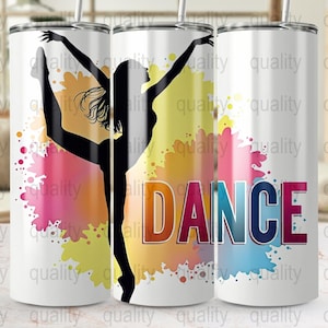 Envoltorio para vaso delgado de 20 oz con silueta de baile, SVG colorido con salpicaduras de baile, descarga digital, envoltorio para vaso PNG, descarga instantánea