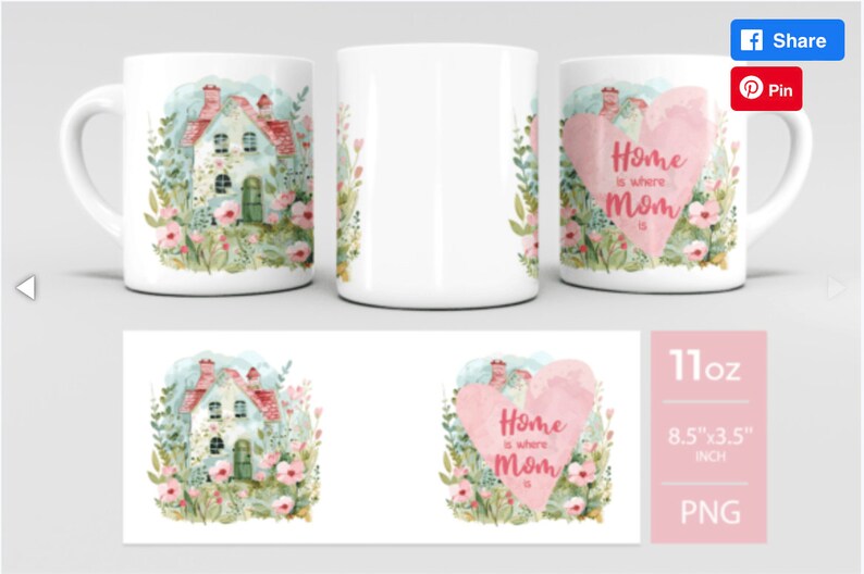 Mothers Day Mug Home is Where Mom is Happy Mother's Day with Flowers, Mother's day gift 11oz Mug Design Sublimation Wrap Template zdjęcie 2