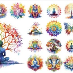 Pacchetto di design artistico Yoga Serenity oga PNG Bundle Design a sublimazione, Yoga alla moda PNG Meditazione PNG Chakra Design Fiore di loto png