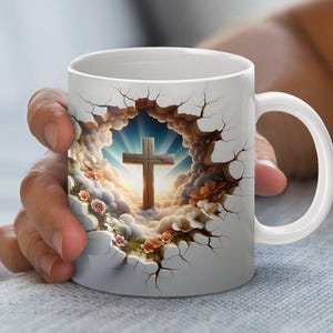Tazza da caffè con croce cristiana ispiratrice PNG, download digitale di scene del paradiso, modello di tazza con versetto della Bibbia, idea regalo religiosa